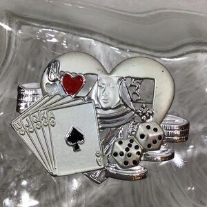 Vintage signed AJC Queen of Hearts good luck casino pin brooch